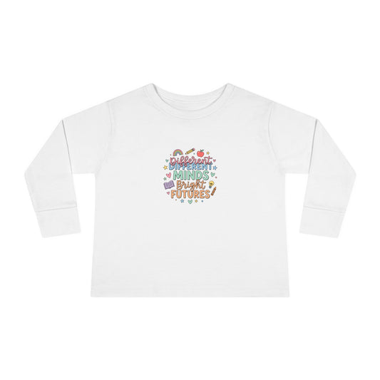 "Different Minds, Bright Futures" Toddler Long Sleeve Tee — Bright Minds Doodle Badge | Uplifted By Design™ Autism Acceptance & Sensory Pride Shirt
