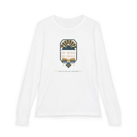 "My Mind, My Magic" Youth Long Sleeve Tee — Hand-Lettered Lockup | Uplifted By Design™ Autism Acceptance & Sensory Pride Shirt