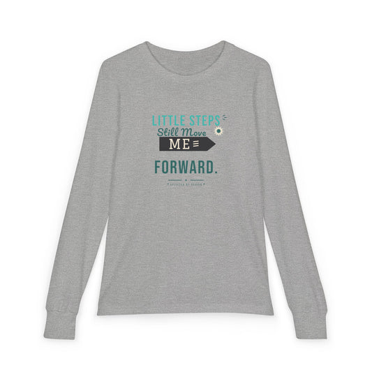 "Little Steps Still Move Me Forward" Youth Long Sleeve Tee — Hand-Lettered Lockup | Uplifted By Design™ Cerebral Palsy & Adaptive Movement Shirt