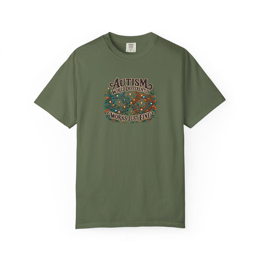"Wired Differently Works Just Fine" Illustrated Edition Unisex T-Shirt — Botanical Circuit Infinity Graphic | Uplifted By Design™ Autism Acceptance & Neurodiversity Tee