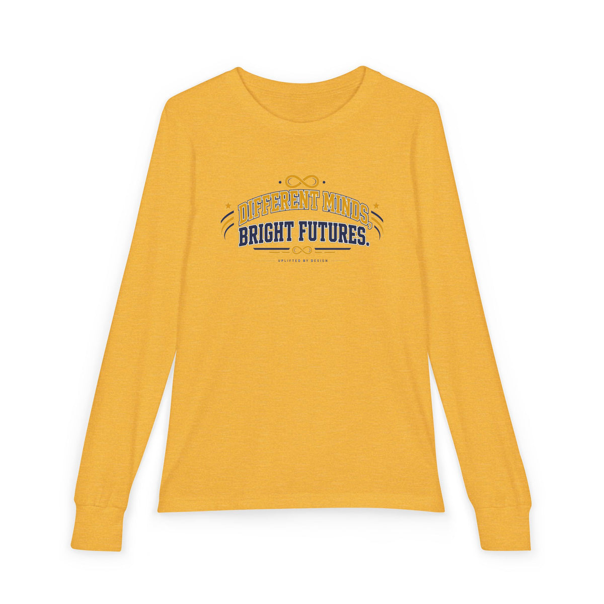 "Different Minds, Bright Futures" Youth Long Sleeve Tee — Collegiate Varsity Arch | Uplifted By Design™ Autism Acceptance & Sensory Pride Shirt