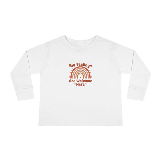"Big Feelings Are Welcome Here" Toddler Long Sleeve Tee — Retro Feelings Rainbow | Uplifted By Design™ Inspirational Kids Shirt