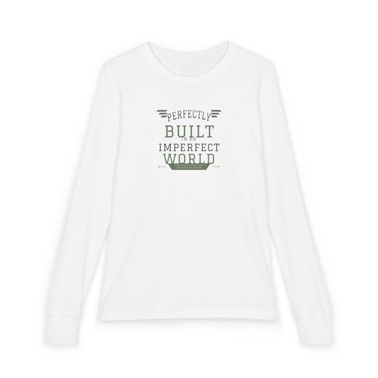 "Perfectly Built in an Imperfect World" Youth Long Sleeve Tee — Collegiate Arch Stack | Uplifted By Design™ Inspirational Kids Shirt