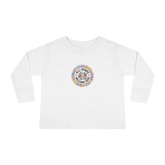"All Minds Welcome Here" Toddler Long Sleeve Tee — Inclusive Puzzle Badge | Uplifted By Design™ Autism Acceptance & Sensory Pride Shirt