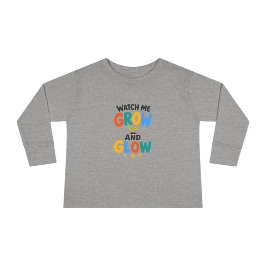 "Watch Me Grow and Glow" Toddler Long Sleeve Tee — Rainbow Sprout Lettering | Uplifted By Design™ Inspirational Kids Shirt