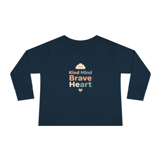"Kind Mind Brave Heart" Toddler Long Sleeve Tee — Cloud and Heart Lettering | Uplifted By Design™ Inspirational Kids Shirt