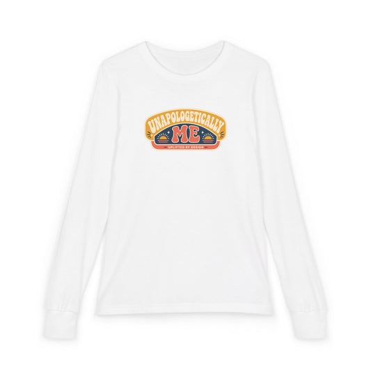 "Unapologetically Me" Youth Long Sleeve Tee — Retro Banner Crest | Uplifted By Design™ Autism Acceptance & Sensory Pride Shirt