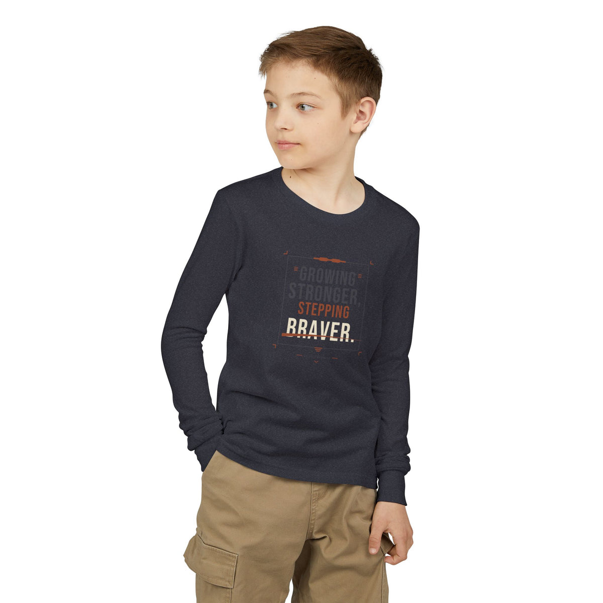 "Growing Stronger, Stepping Braver" Youth Long Sleeve Tee — Throwback Endurance Poster | Uplifted By Design™ Cerebral Palsy & Adaptive Movement Shirt