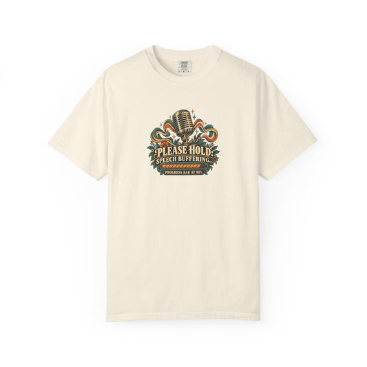 "Please Hold: Speech Buffering" Illustrated Edition Unisex T-Shirt — Vintage Microphone & Progress Meter | Uplifted By Design™ Cerebral Palsy & Speech Difference Tee