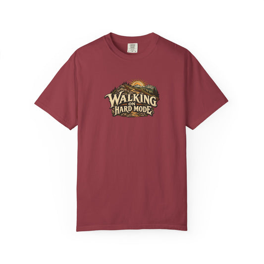 "Walking on Hard Mode" Illustrated Edition Unisex T-Shirt — Vintage Trail & Sunrise Graphic | Uplifted By Design™ Cerebral Palsy & Adaptive Movement Tee