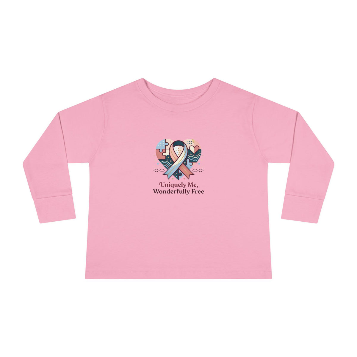"Uniquely Me, Wonderfully Free" Toddler Long Sleeve Tee — Puzzle Heart Ribbon | Uplifted By Design™ Autism Acceptance & Sensory Pride Shirt