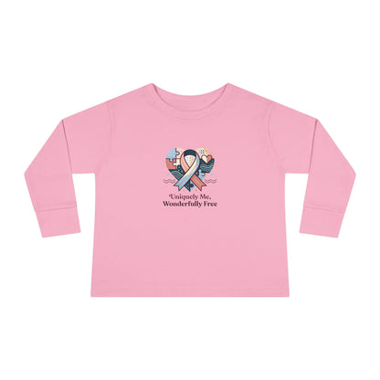 "Uniquely Me, Wonderfully Free" Toddler Long Sleeve Tee — Puzzle Heart Ribbon | Uplifted By Design™ Autism Acceptance & Sensory Pride Shirt