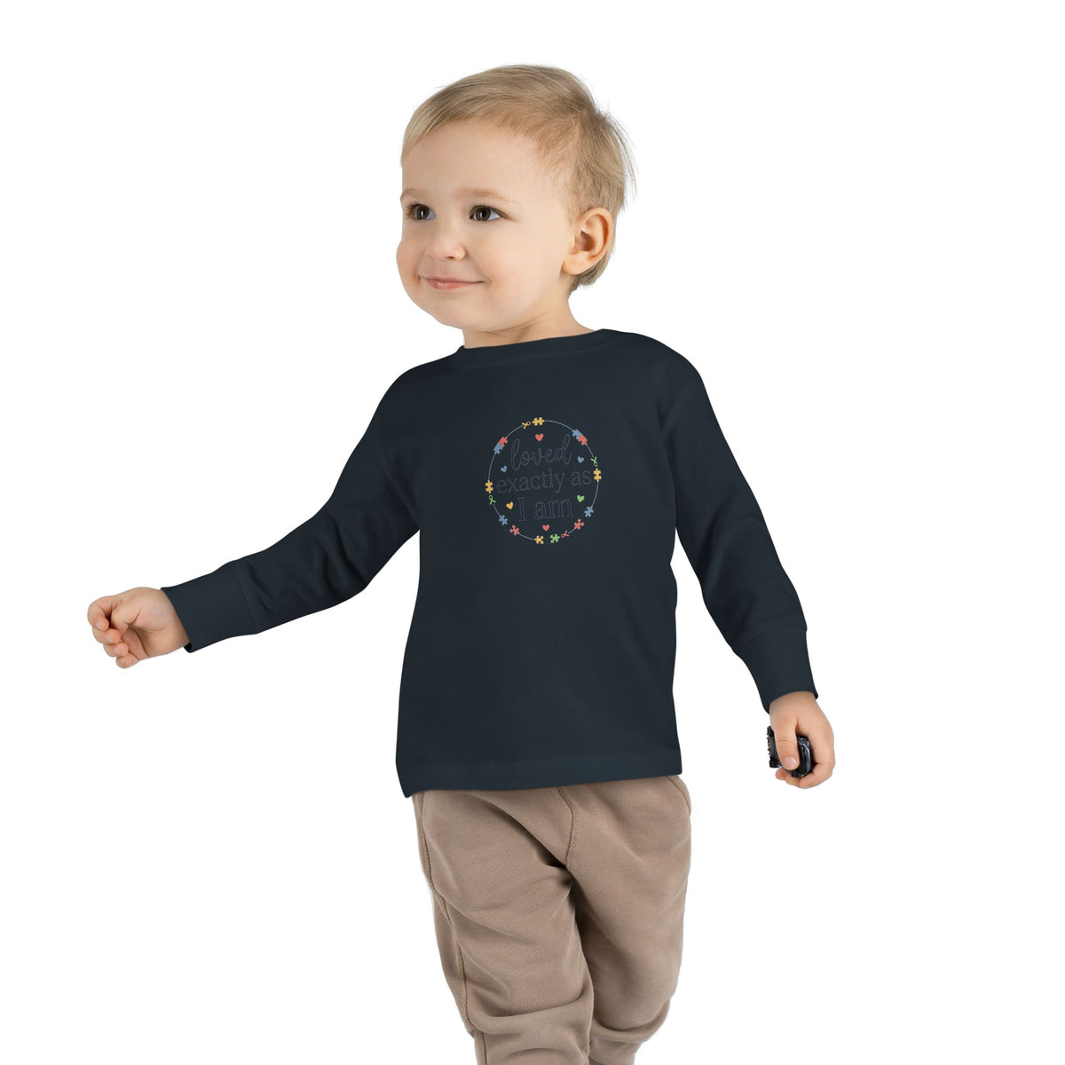 "Loved Exactly As I Am" Toddler Long Sleeve Tee — Puzzle Heart Wreath | Uplifted By Design™ Autism Acceptance & Sensory Pride Shirt