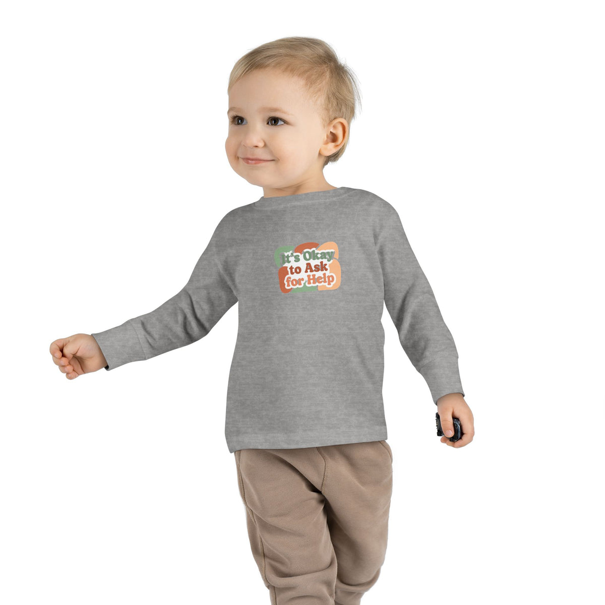 "It's Okay to Ask for Help" Toddler Long Sleeve Tee — Retro Layered Lettering | Uplifted By Design™ Inspirational Kids Shirt