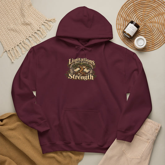 "Limitations Don’t Cancel Strength" Unisex Hoodie — Resilient Tree & Broken-Arch Graphic | Uplifted By Design™ Cerebral Palsy & Adaptive Movement Hoodie