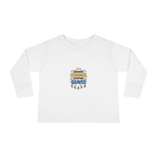 "Growing Stronger, Stepping Braver" Toddler Long Sleeve Tee — Colorful Confetti Growth Quote | Uplifted By Design™ Inspirational Kids Shirt
