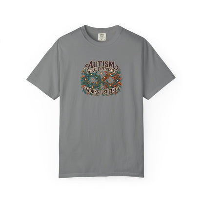 "Wired Differently Works Just Fine" Illustrated Edition Unisex T-Shirt — Botanical Circuit Infinity Graphic | Uplifted By Design™ Autism Acceptance & Neurodiversity Tee