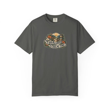 "I Am Allowed to Take My Time" Illustrated Edition Unisex T-Shirt — Vintage Garden Path & Hourglass | Uplifted By Design™ Mental Health & Emotional Wellbeing Tee