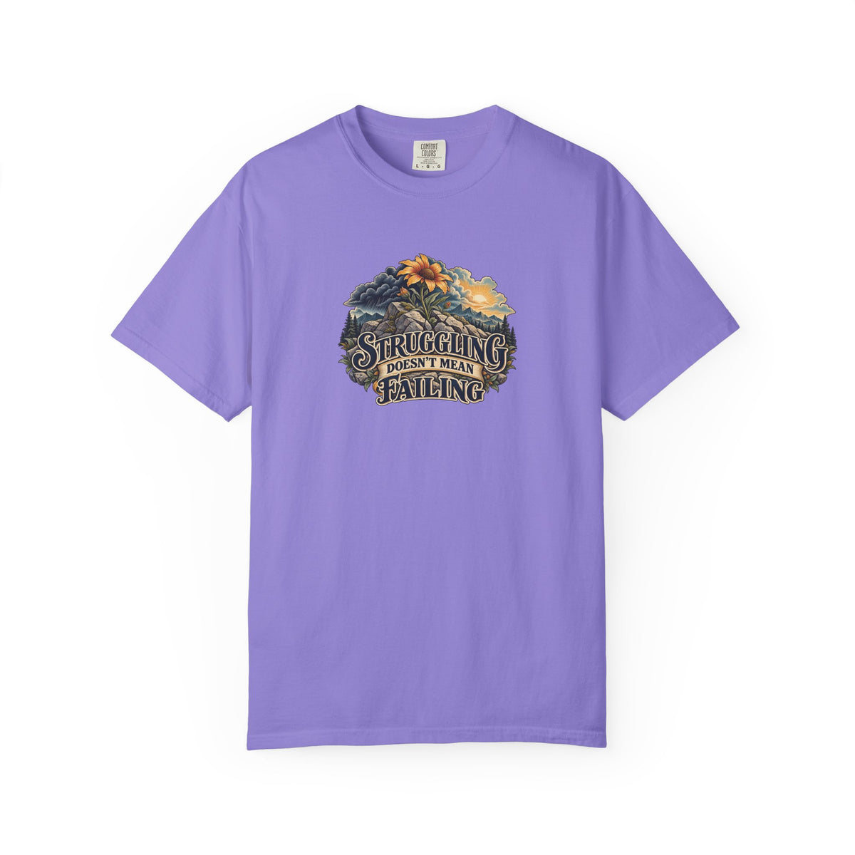 "Struggling Doesn't Mean Failing" Illustrated Edition Unisex T-Shirt — Vintage Wildflower & Clearing-Storm Illustration | Uplifted By Design™ Mental Health & Emotional Wellbeing Tee