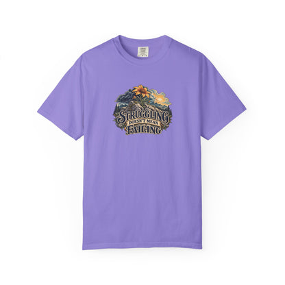 "Struggling Doesn't Mean Failing" Illustrated Edition Unisex T-Shirt — Vintage Wildflower & Clearing-Storm Illustration | Uplifted By Design™ Mental Health & Emotional Wellbeing Tee
