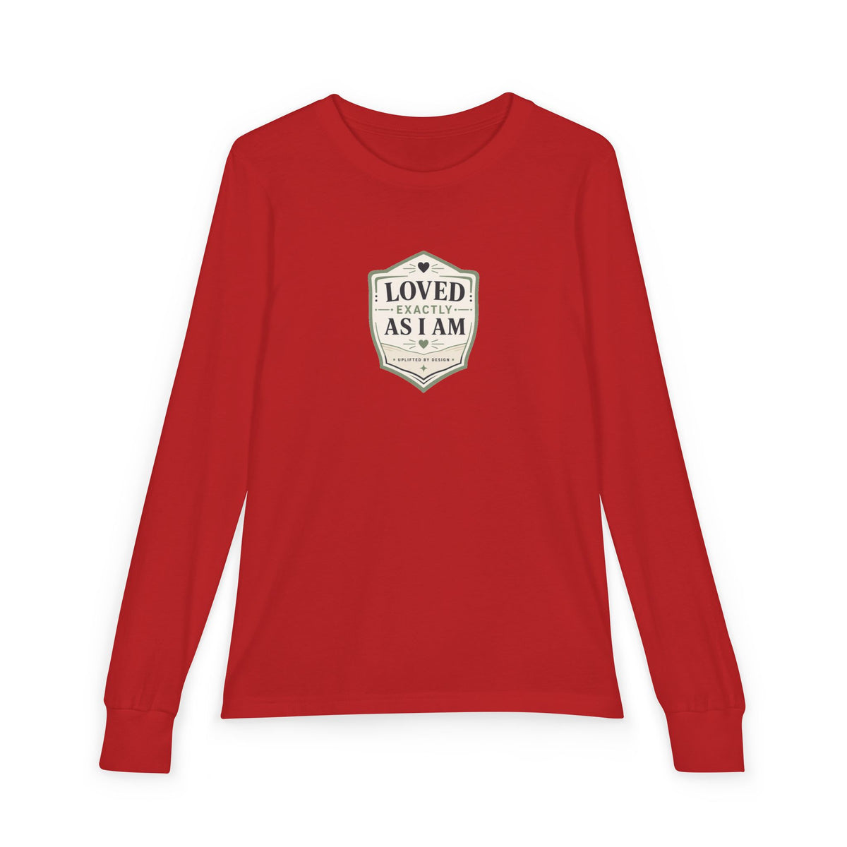 "Loved Exactly As I Am" Youth Long Sleeve Tee — Retro Banner Crest | Uplifted By Design™ Autism Acceptance & Sensory Pride Shirt