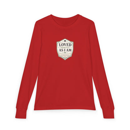 "Loved Exactly As I Am" Youth Long Sleeve Tee — Retro Banner Crest | Uplifted By Design™ Autism Acceptance & Sensory Pride Shirt