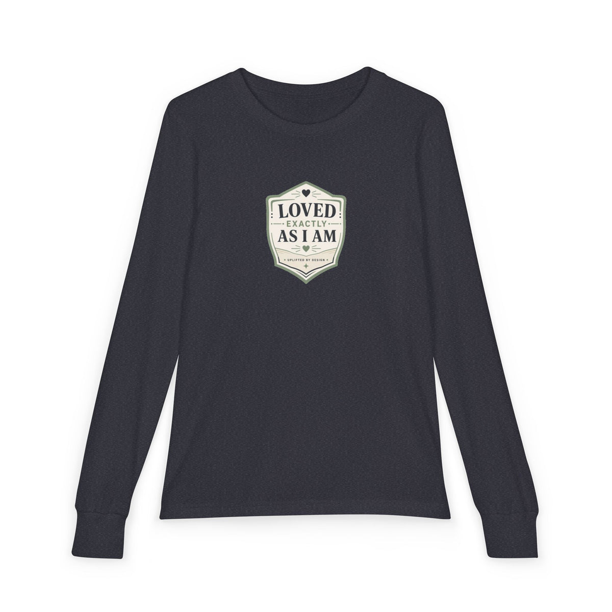 "Loved Exactly As I Am" Youth Long Sleeve Tee — Retro Banner Crest | Uplifted By Design™ Autism Acceptance & Sensory Pride Shirt