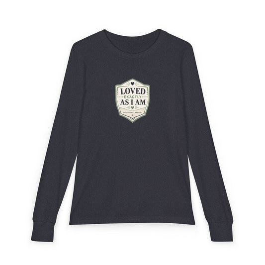 "Loved Exactly As I Am" Youth Long Sleeve Tee — Retro Banner Crest | Uplifted By Design™ Autism Acceptance & Sensory Pride Shirt