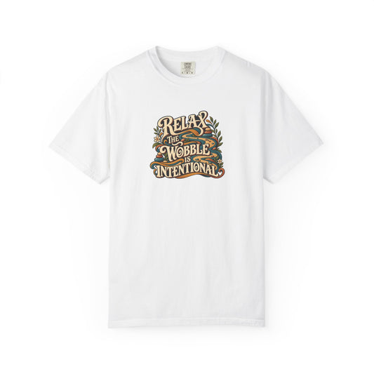 "Relax the Wobble Is Intentional" Illustrated Edition Unisex T-Shirt — Retro Motion Ribbon & Botanical Graphic | Uplifted By Design™ Cerebral Palsy & Adaptive Movement Tee