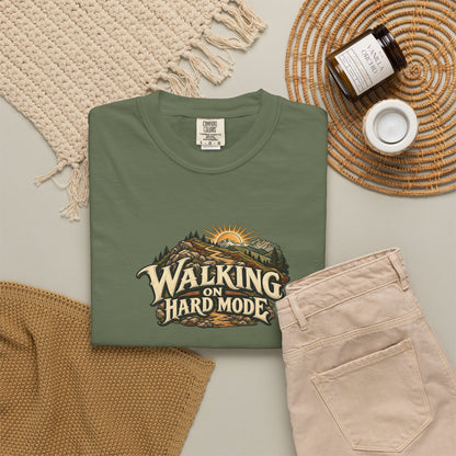 "Walking on Hard Mode" Illustrated Edition Unisex T-Shirt — Vintage Trail & Sunrise Graphic | Uplifted By Design™ Cerebral Palsy & Adaptive Movement Tee