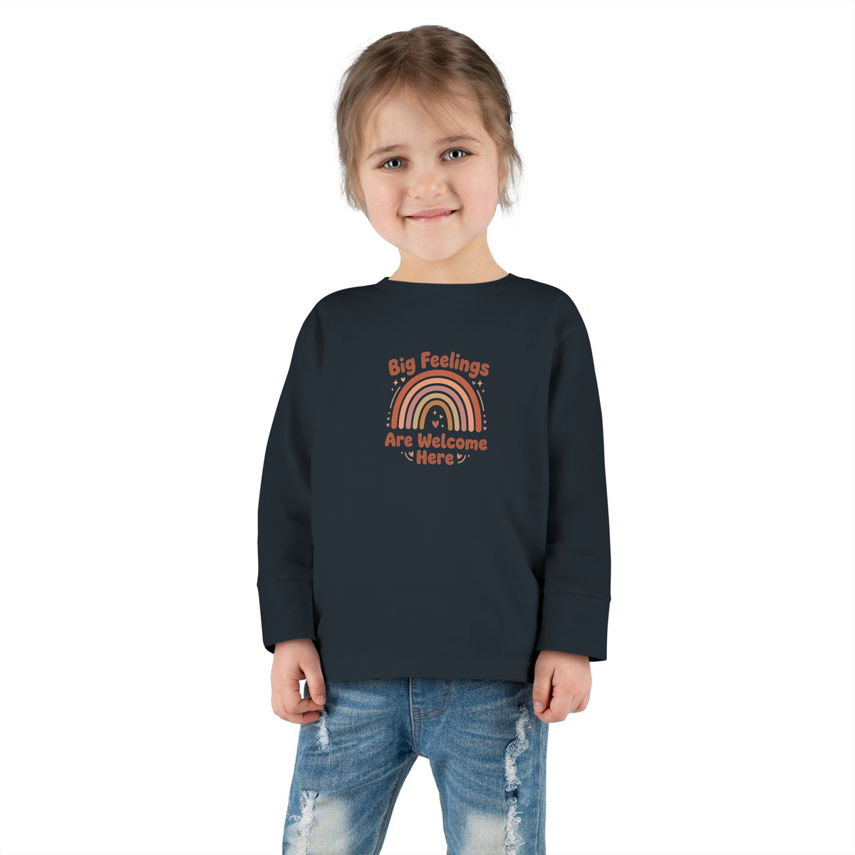 "Big Feelings Are Welcome Here" Toddler Long Sleeve Tee — Retro Feelings Rainbow | Uplifted By Design™ Inspirational Kids Shirt