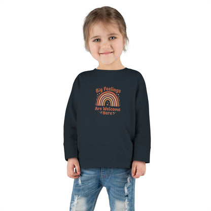 "Big Feelings Are Welcome Here" Toddler Long Sleeve Tee — Retro Feelings Rainbow | Uplifted By Design™ Inspirational Kids Shirt