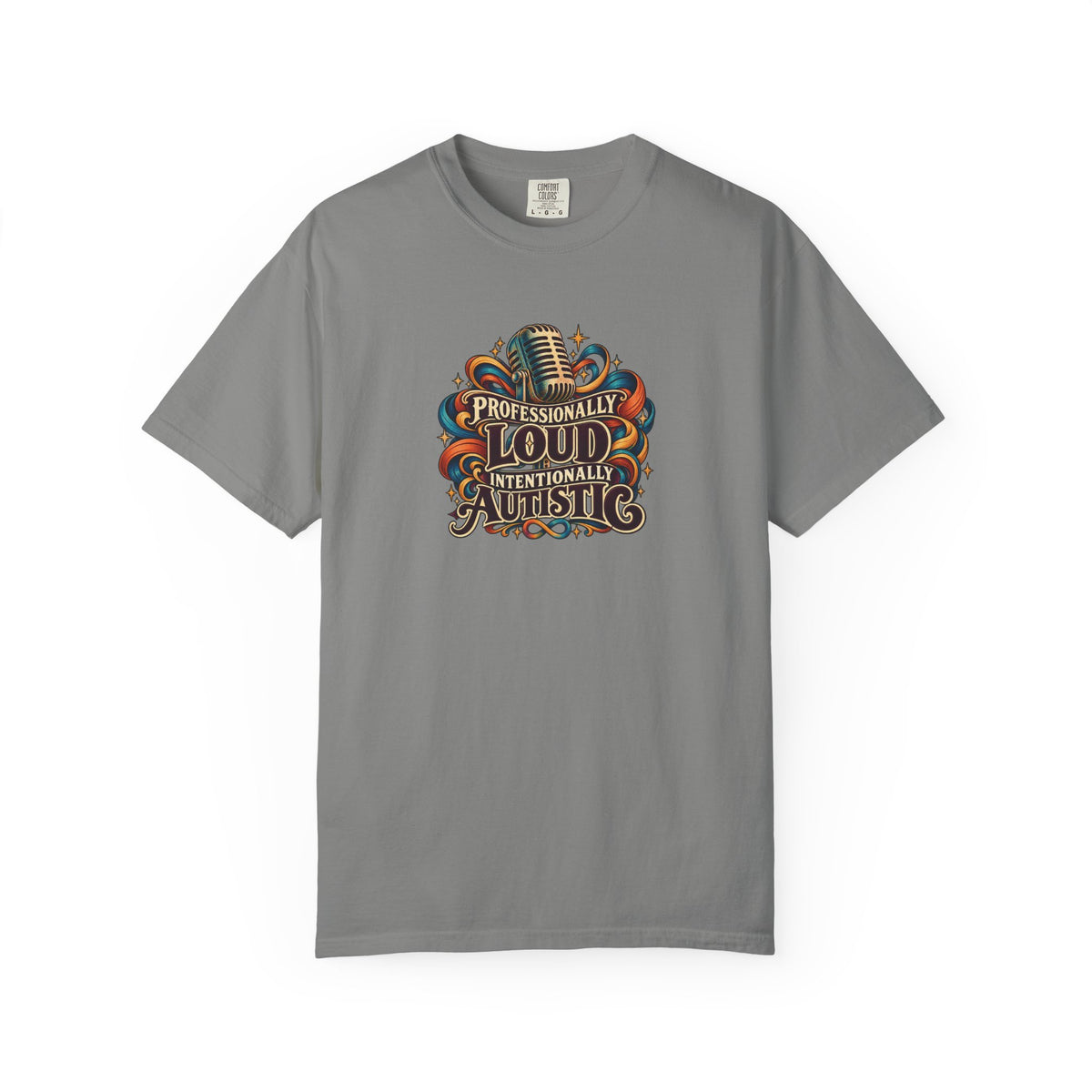 "Professionally Loud Intentionally Autistic" Illustrated Edition Unisex T-Shirt — Vintage Microphone & Sound Ribbons | Uplifted By Design™ Autism Acceptance & Sensory Pride Tee