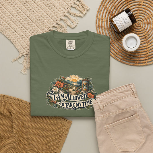 "I Am Allowed to Take My Time" Illustrated Edition Unisex T-Shirt — Vintage Garden Path & Hourglass | Uplifted By Design™ Mental Health & Emotional Wellbeing Tee