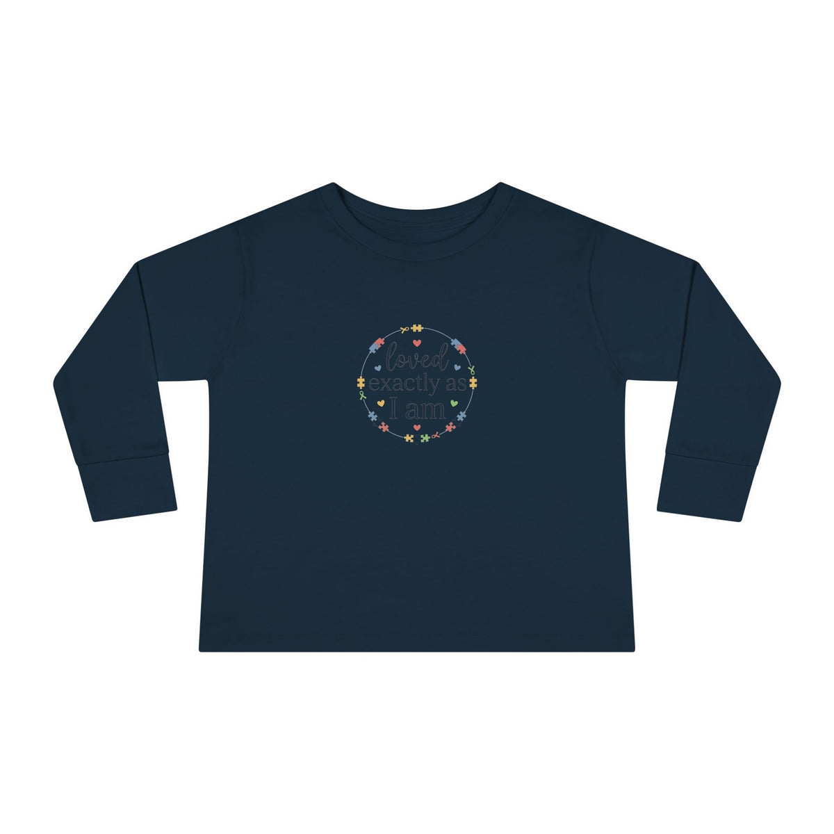 "Loved Exactly As I Am" Toddler Long Sleeve Tee — Puzzle Heart Wreath | Uplifted By Design™ Autism Acceptance & Sensory Pride Shirt