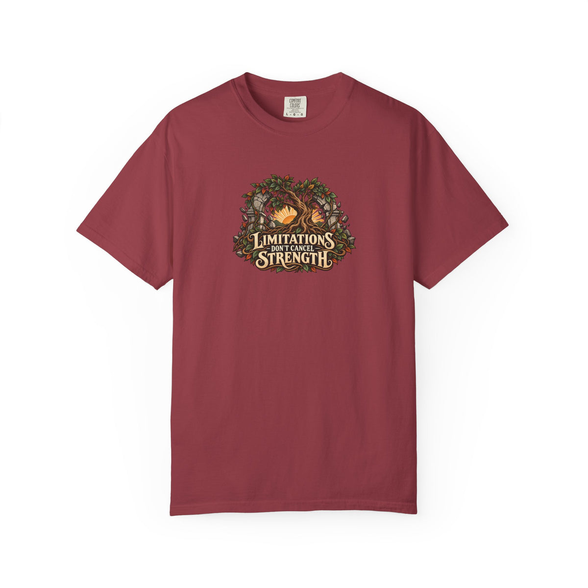 "Limitations Don't Cancel Strength" Illustrated Edition Unisex T-Shirt — Resilient Tree & Broken-Arch Graphic | Uplifted By Design™ Cerebral Palsy & Adaptive Movement Tee