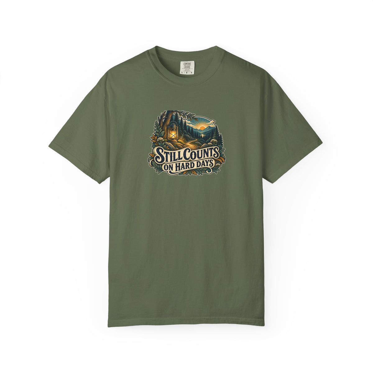 "Still Counts on Hard Days" Illustrated Edition Unisex T-Shirt — Vintage Lantern & Winding Forest Path | Uplifted By Design™ Mental Health & Emotional Wellbeing Tee