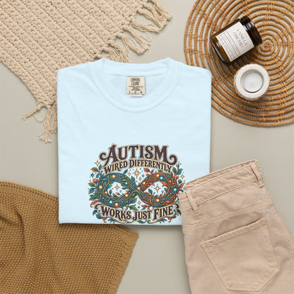 "Wired Differently Works Just Fine" Illustrated Edition Unisex T-Shirt — Botanical Circuit Infinity Graphic | Uplifted By Design™ Autism Acceptance & Neurodiversity Tee