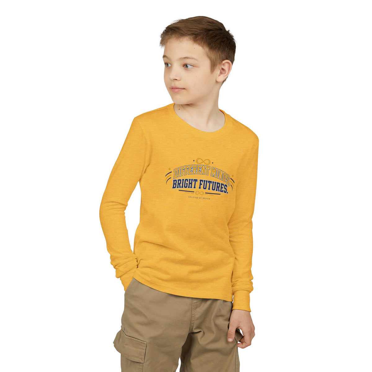 "Different Minds, Bright Futures" Youth Long Sleeve Tee — Collegiate Varsity Arch | Uplifted By Design™ Autism Acceptance & Sensory Pride Shirt