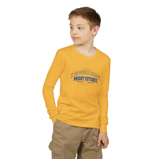"Different Minds, Bright Futures" Youth Long Sleeve Tee — Collegiate Varsity Arch | Uplifted By Design™ Autism Acceptance & Sensory Pride Shirt