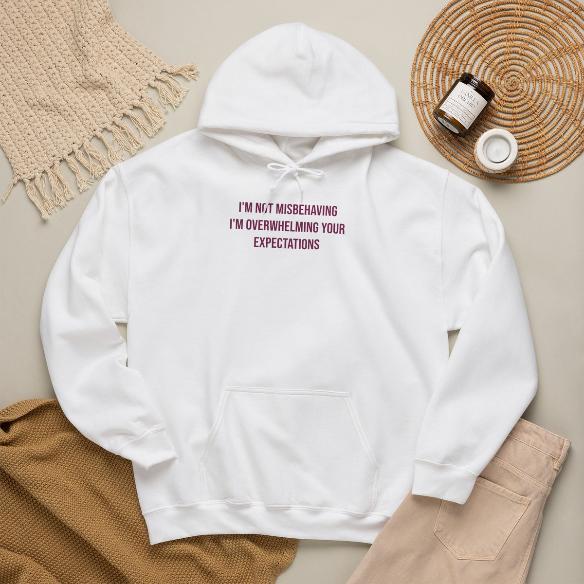 "I’m Not Misbehaving, I’m Overwhelming Your Expectations" Unisex Hoodie — Stacked Plum Lettering | Uplifted By Design™ Autism Acceptance & Sensory Pride Hoodie