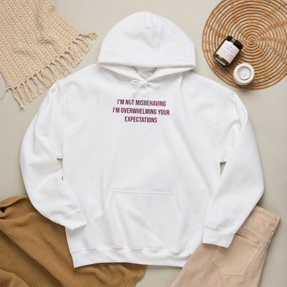 "I’m Not Misbehaving, I’m Overwhelming Your Expectations" Unisex Hoodie — Stacked Plum Lettering | Uplifted By Design™ Autism Acceptance & Sensory Pride Hoodie