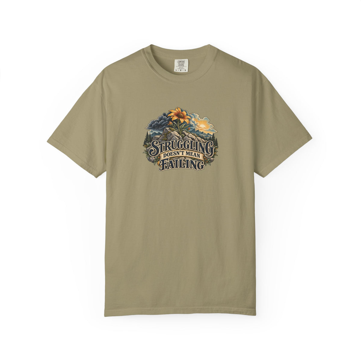 "Struggling Doesn't Mean Failing" Illustrated Edition Unisex T-Shirt — Vintage Wildflower & Clearing-Storm Illustration | Uplifted By Design™ Mental Health & Emotional Wellbeing Tee