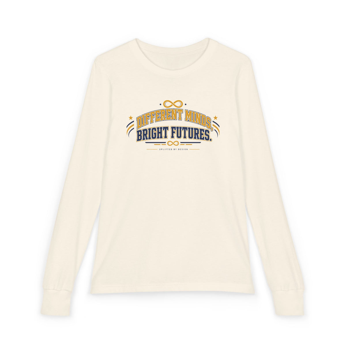 "Different Minds, Bright Futures" Youth Long Sleeve Tee — Collegiate Varsity Arch | Uplifted By Design™ Autism Acceptance & Sensory Pride Shirt