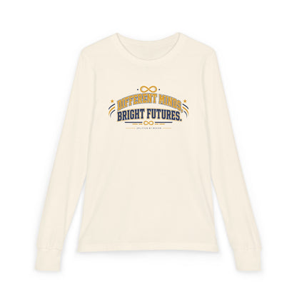 "Different Minds, Bright Futures" Youth Long Sleeve Tee — Collegiate Varsity Arch | Uplifted By Design™ Autism Acceptance & Sensory Pride Shirt