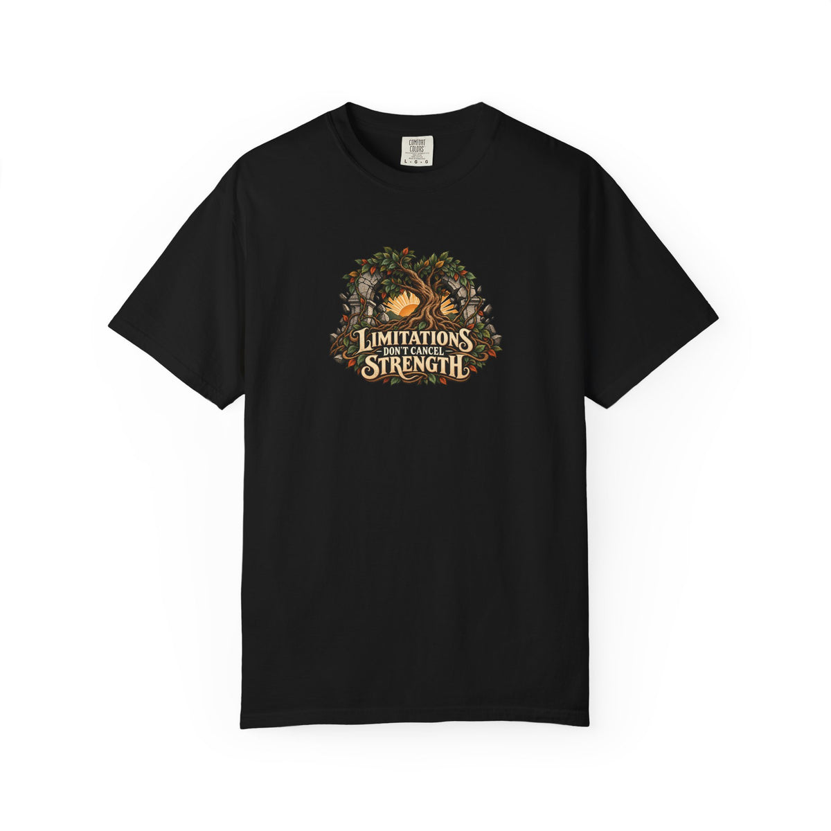 "Limitations Don't Cancel Strength" Illustrated Edition Unisex T-Shirt — Resilient Tree & Broken-Arch Graphic | Uplifted By Design™ Cerebral Palsy & Adaptive Movement Tee