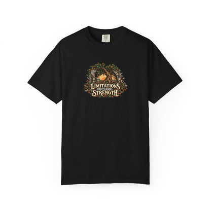 "Limitations Don't Cancel Strength" Illustrated Edition Unisex T-Shirt — Resilient Tree & Broken-Arch Graphic | Uplifted By Design™ Cerebral Palsy & Adaptive Movement Tee