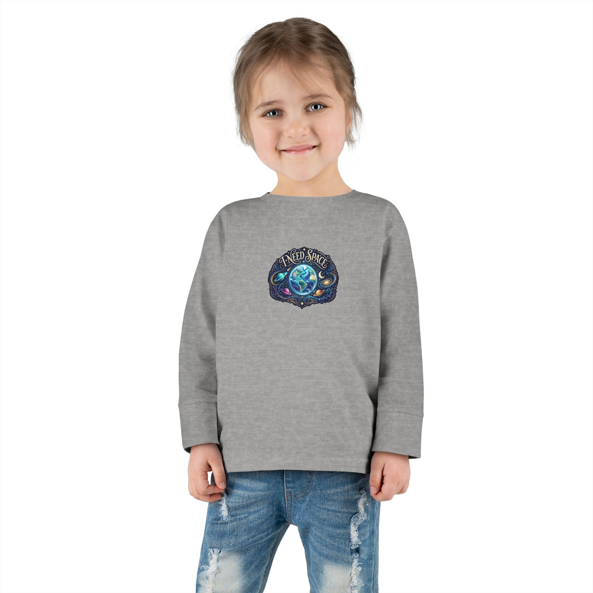 "I Need Space" Toddler Long Sleeve Tee — Cosmic Calm Planet | Uplifted By Design™ Autism Acceptance & Sensory Pride Shirt
