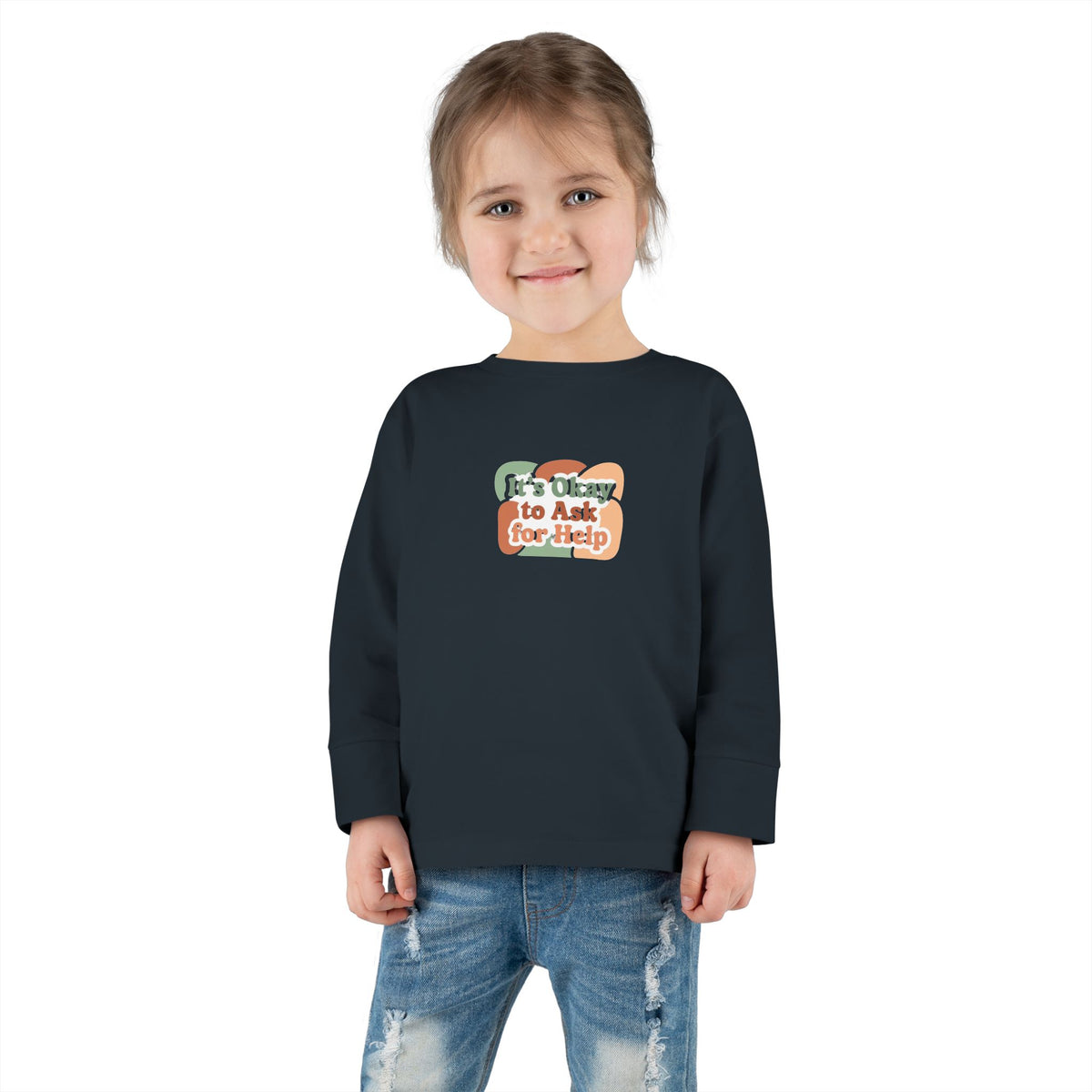 "It's Okay to Ask for Help" Toddler Long Sleeve Tee — Retro Layered Lettering | Uplifted By Design™ Inspirational Kids Shirt