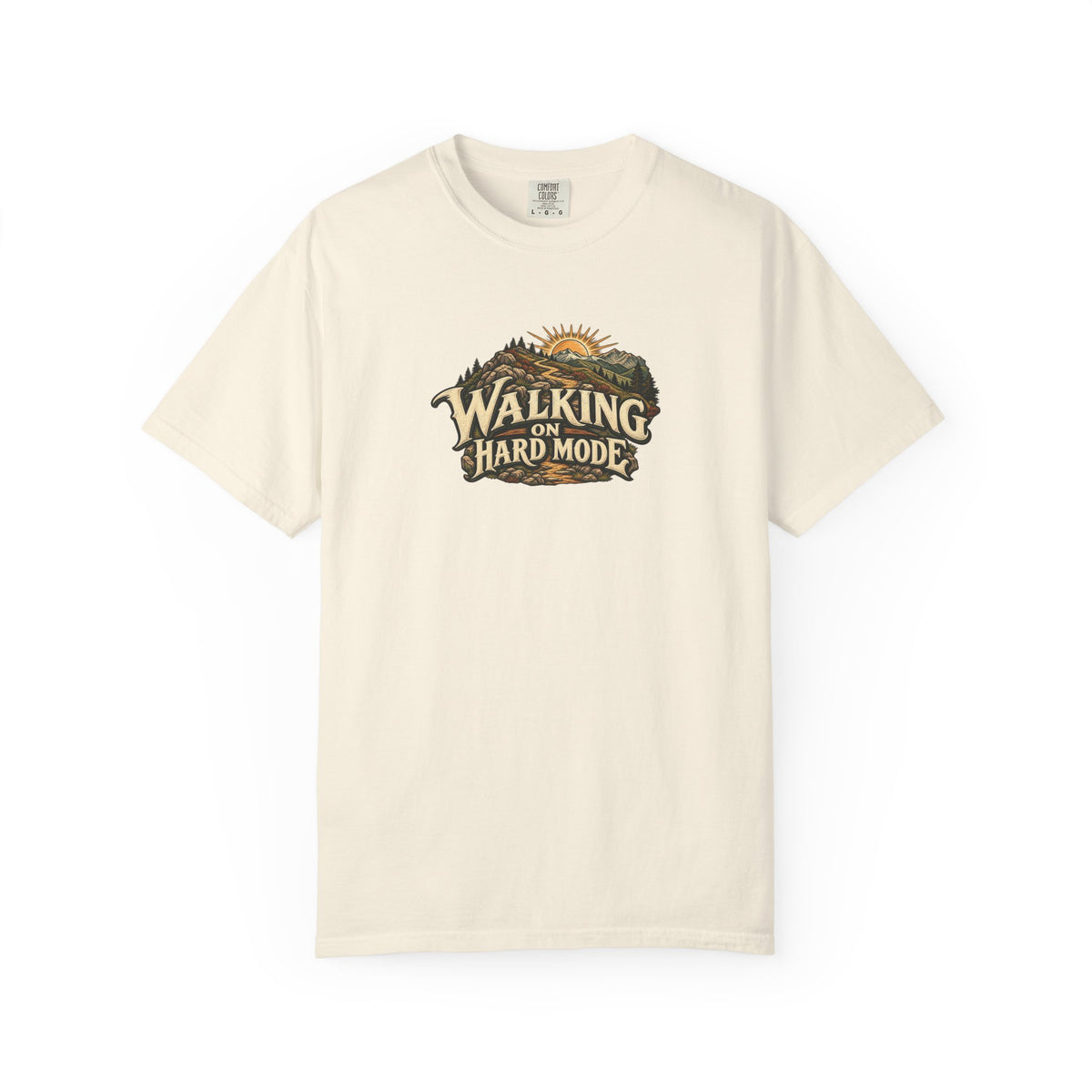 "Walking on Hard Mode" Illustrated Edition Unisex T-Shirt — Vintage Trail & Sunrise Graphic | Uplifted By Design™ Cerebral Palsy & Adaptive Movement Tee